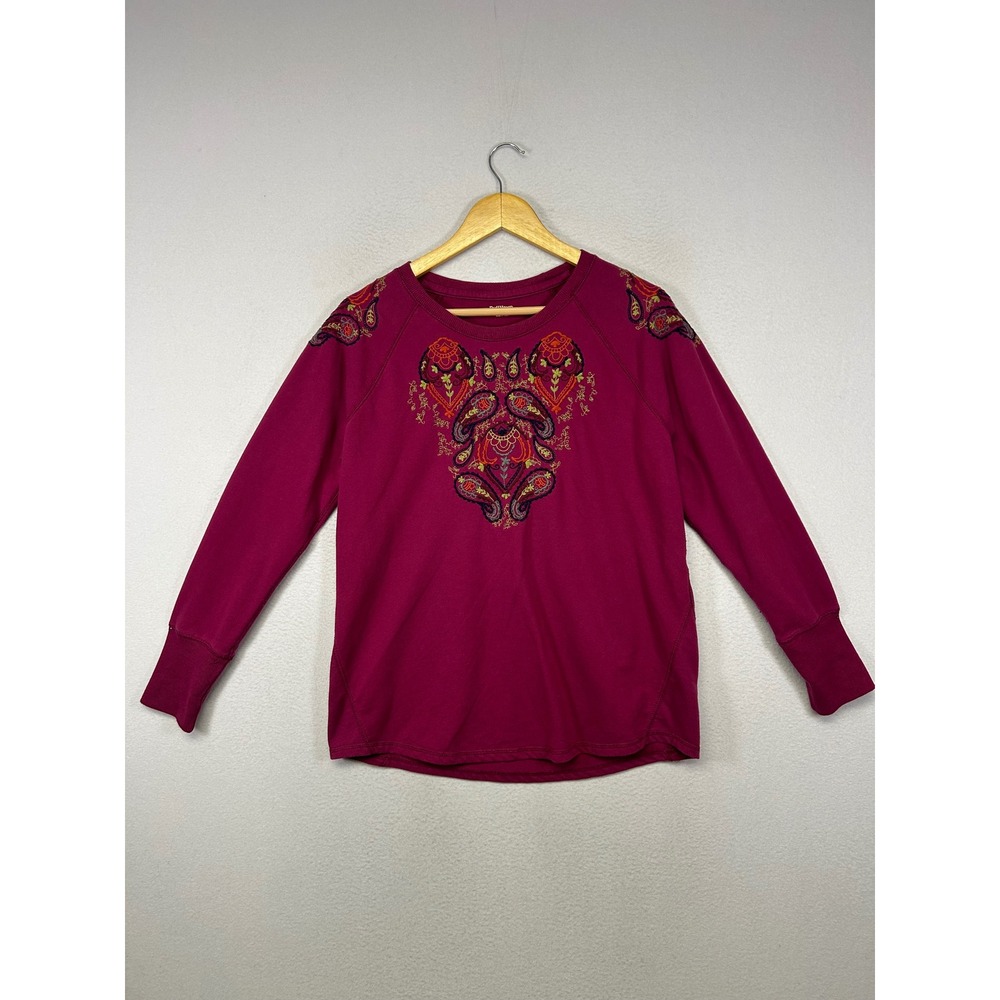 Boho Embroidered RuffHewn Women PL Berry Pink Paisley Raglan Sweatshirt Top